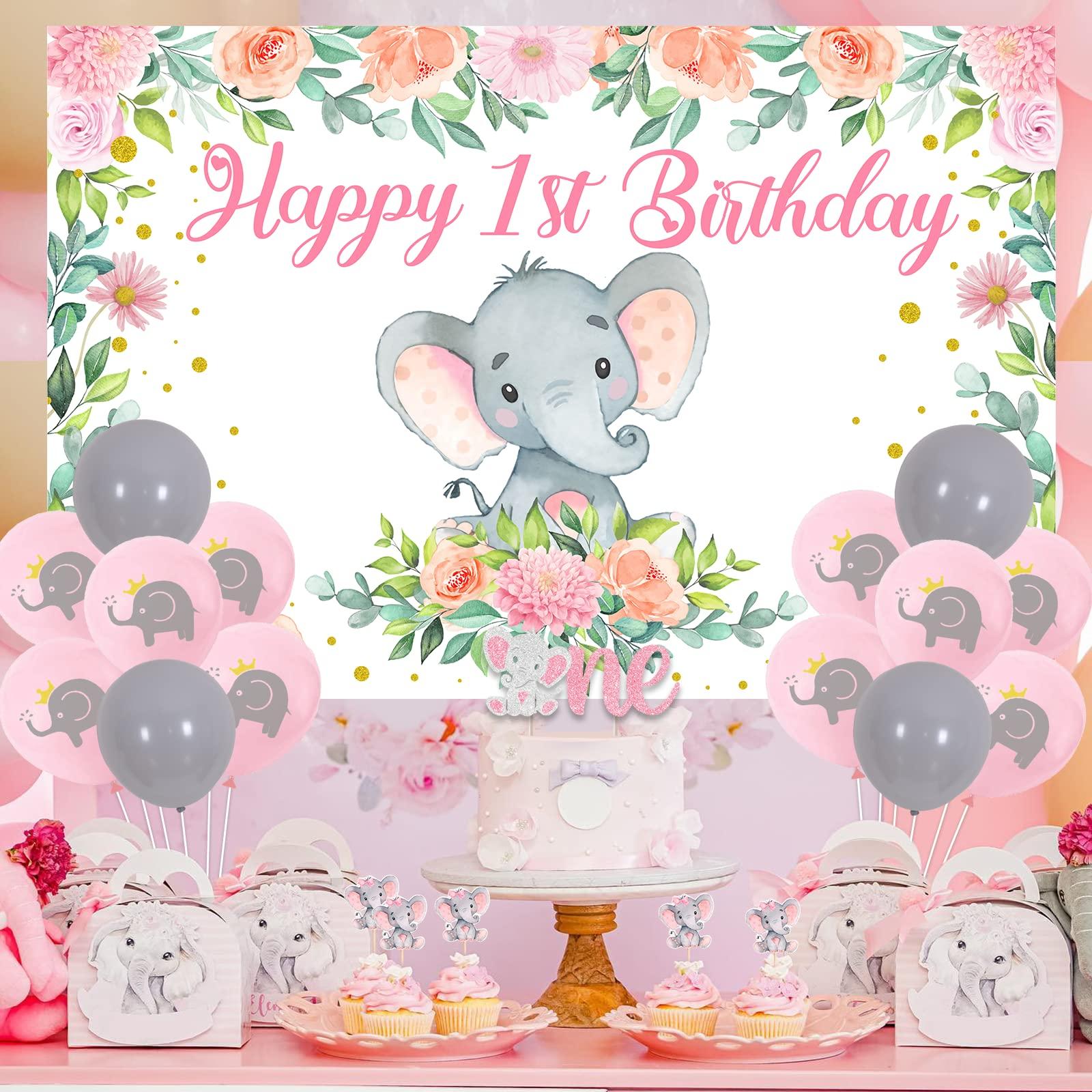Funmemoir Elephant 1st Birthday Party Decorations Girl - Happy 1st Birthday Backdrop, Elephant One Cake Topper, Cupcake Toppers, Balloons, Pink Elephant Theme First Birthday Party Supplies
