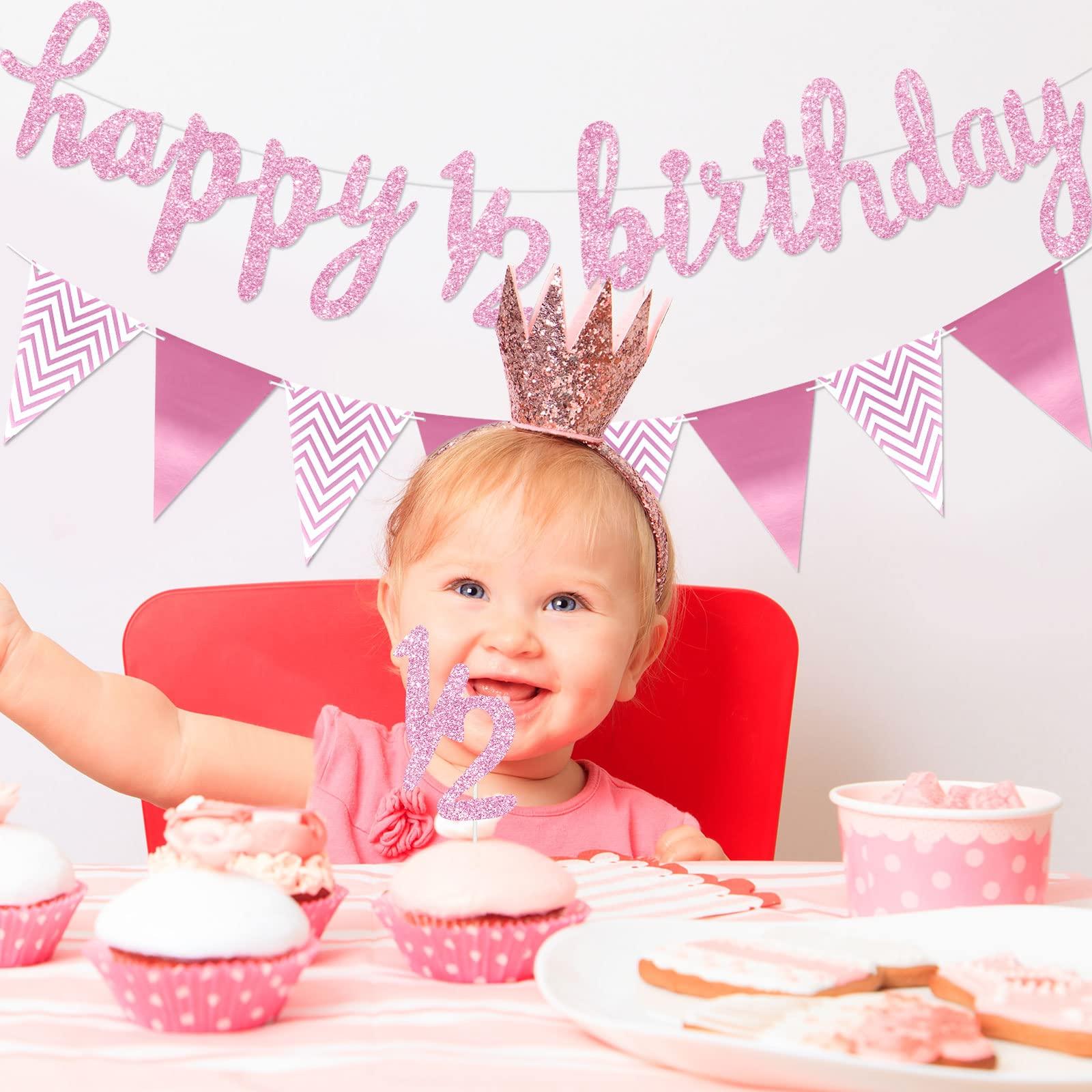 Boao 6 Months Banner Happy Birthday Banner Happy 1/2 Birthday Banner Glitter 1/2 Half Year Cake Topper Triangle Flag Banner for Half Year Baby Shower Birthday Party Decoration, Pre-strung (Pink)