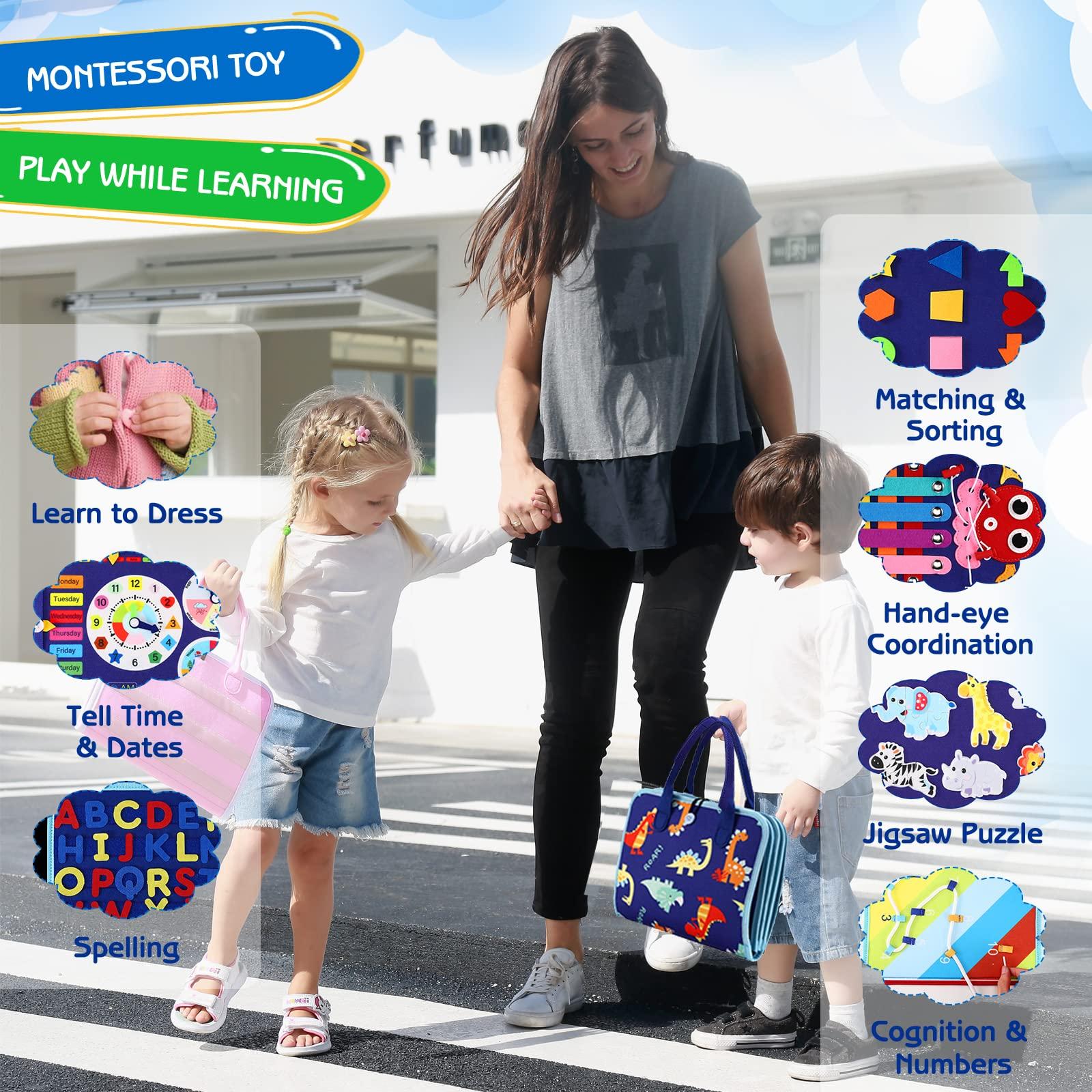 Esjay Esjay Toddler Busy Board Montessori Toys, Sensory Board Educational Activities for Learning Fine Motor Skills, Gifts for Girls Boys Toddlers, Travel Toys for Airplane Car,Blue Dinosaur