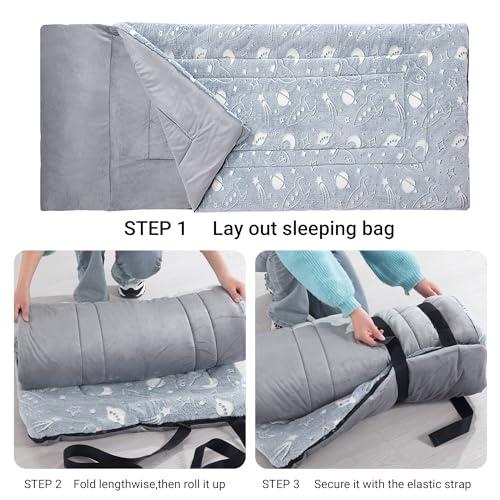 HOMBYS HOMBYS Glow in the Dark Sleeping Bags for 10~12 Years Old Kids, 84\"x30\" Soft Kids Nap Mat with Pillow and Blanket for Daycare School, Grey Travel Sleep Bag for Childern Girls Boys Truck Travel Camping