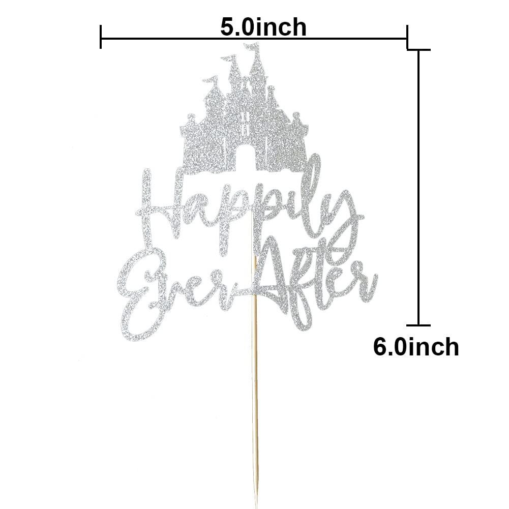 QXQXBA Happily Ever After with Castle Cake Topper Cinderella Castle Wedding Cake Decoor Engagement Bridal Shower Party Decorations Silver Glitter