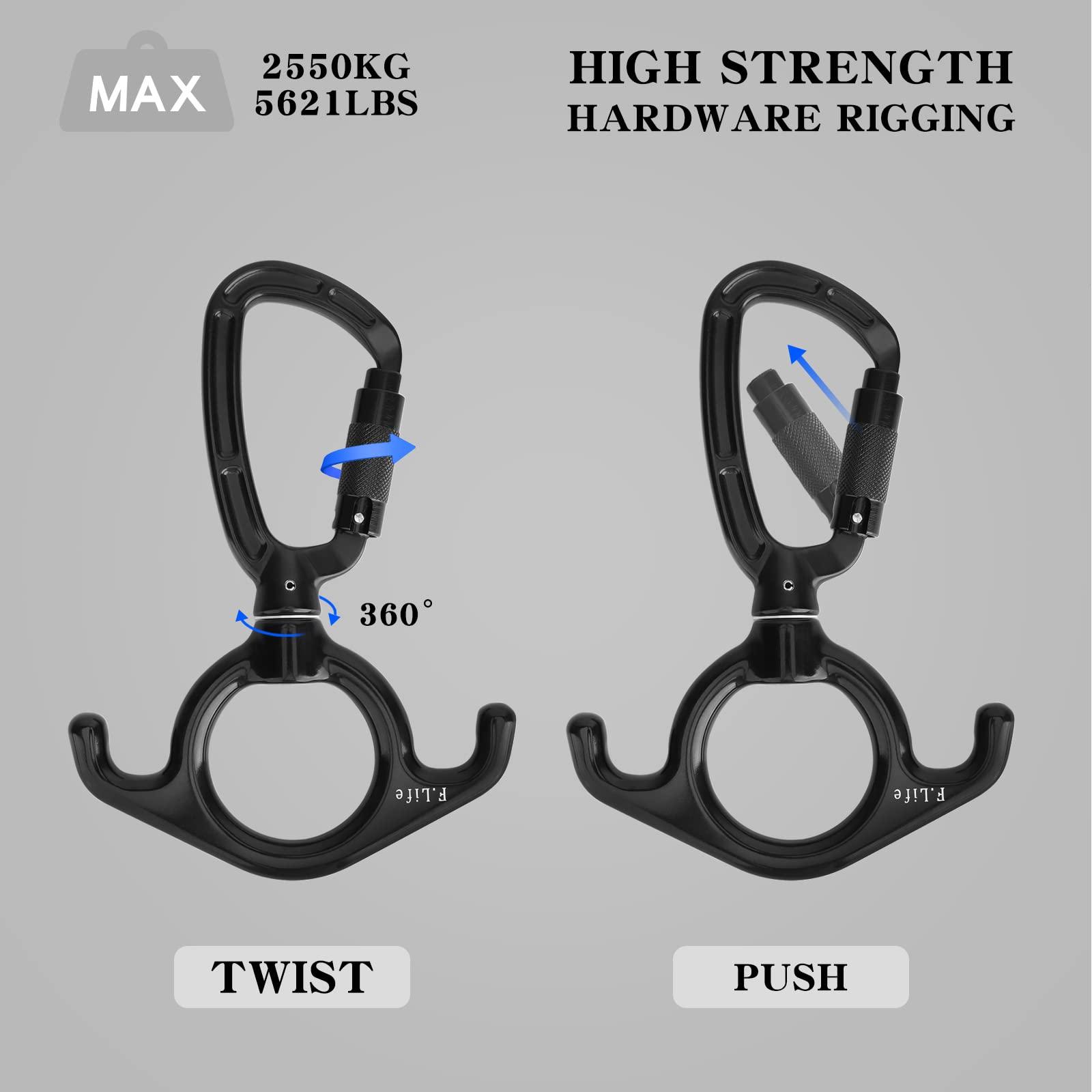 F.Life Aerial Silks Hardware or Single Point Yoga Hammock Rigging Aluminum Swivel D Auto Locking Carabiner Rated 25KN Low Ceilings