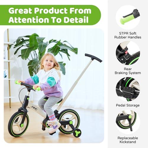 JMMD JMMD Toddler Bike with Push Handle for Kids 18-60 Months, 6 in 1 Foldable Push Bike with Training Wheels, Pedals, Brakes, Kickstand, Kid Balance Bike Gift & Toys for Boy & Girl, Green