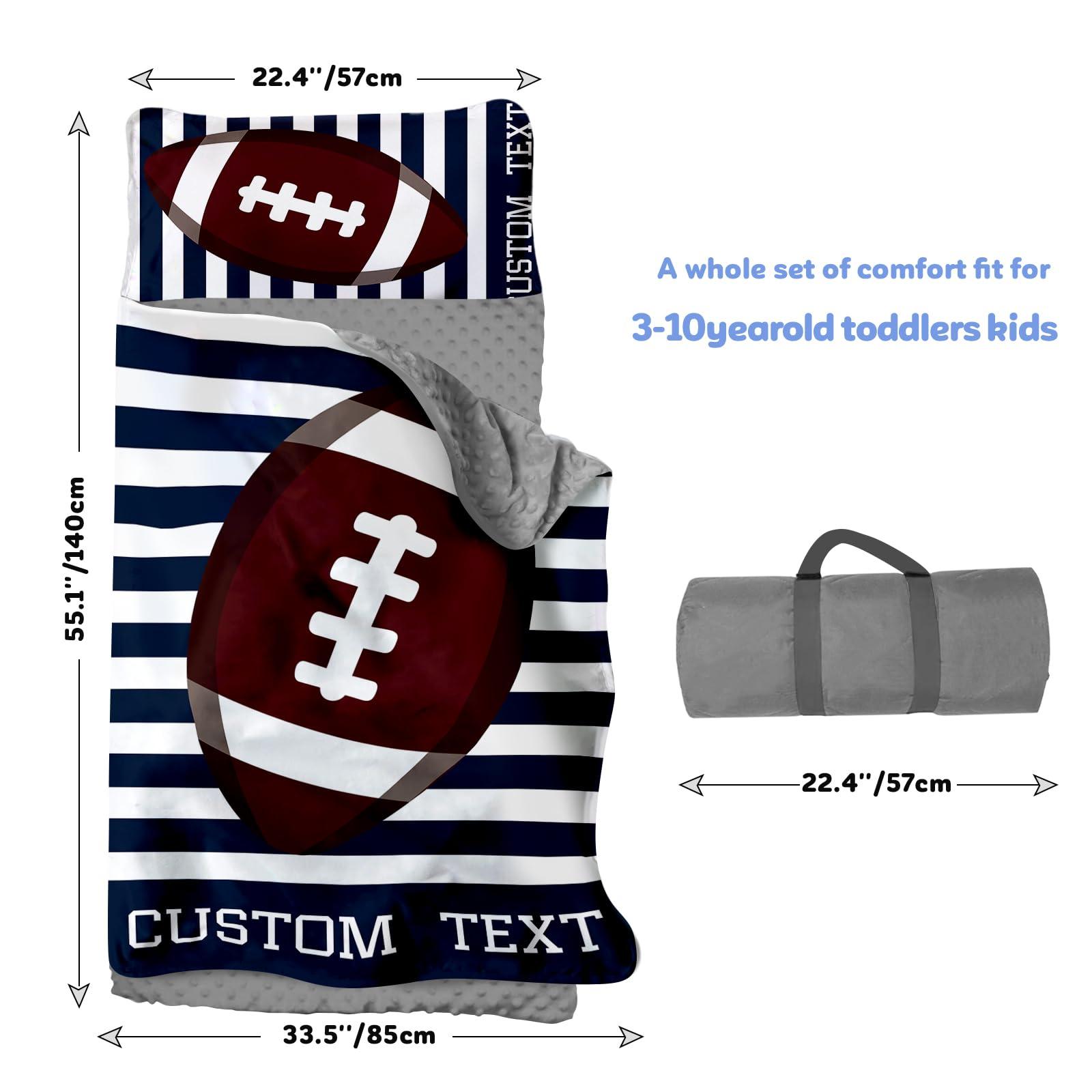 Evulum Custom Toddler Nap Mat for Daycare Sleeping Bag for Boys, Kids Nap Mats with Pillow Blanket for Preschool Kindergarten, Personalized Name Easy Carry Nap Sack Navy Stripe Football