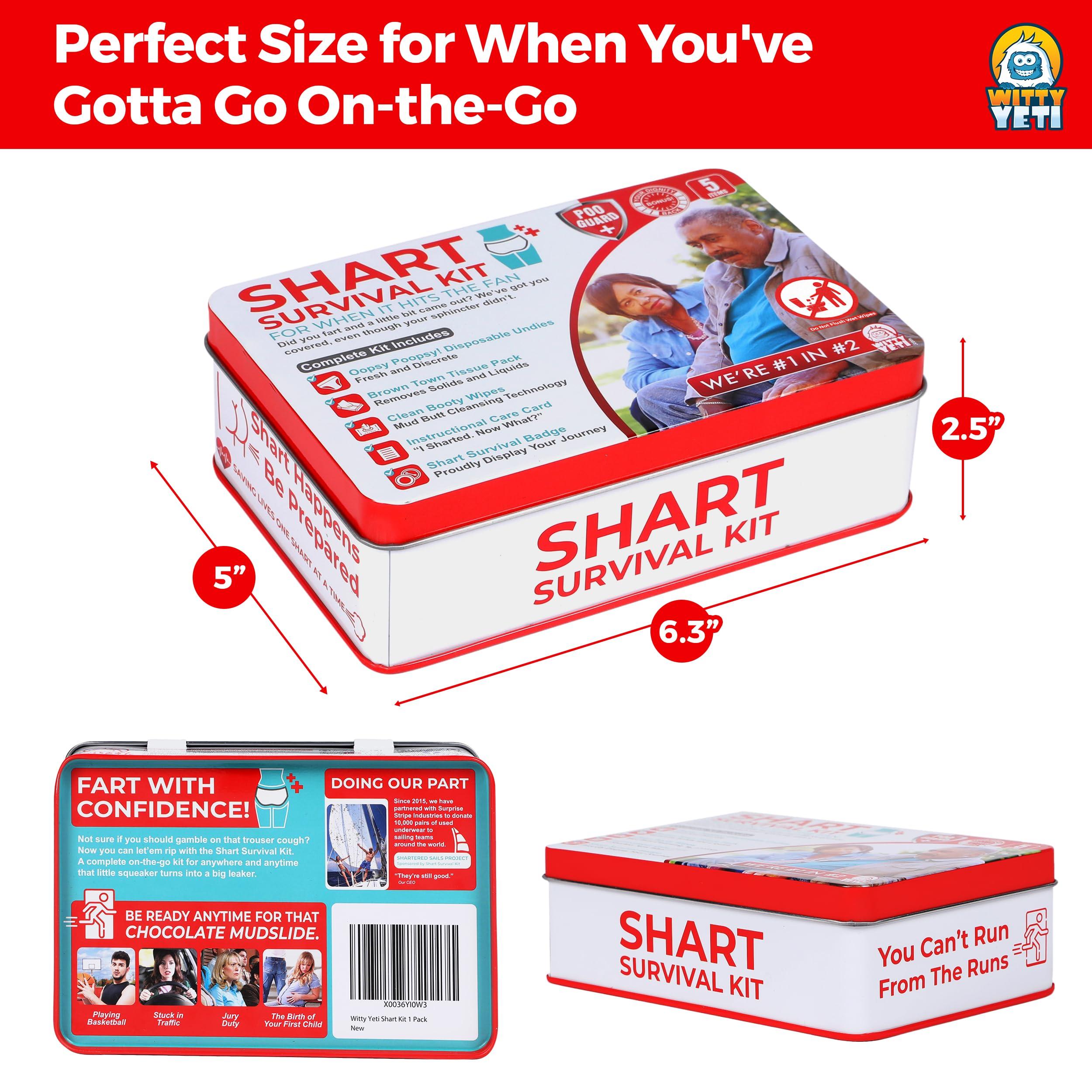 Witty Yeti Funny Shart Survival Kit by Witty Yeti. Ultimate Poop Prank Gag Gift Set Contains Wet Wipes, Disposable Underwear, Tissues and Hilarious Badge. Novelty Fart Potty Pack Great for Friends or Family