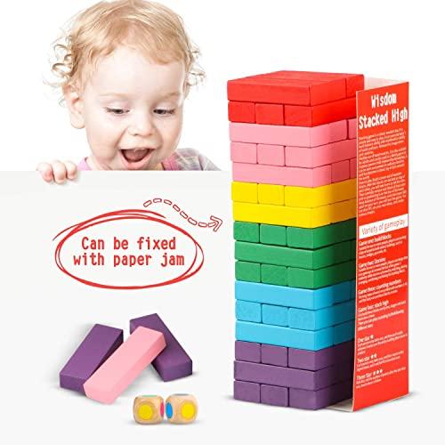 Canuan Canuan Wooden Blocks Stacking Games, 48PCS Tumbling Stacking Blocks Game for Kids and Families, Wood Colorful Balancing Blocks Montessori Toys for Kids with Storage Bag