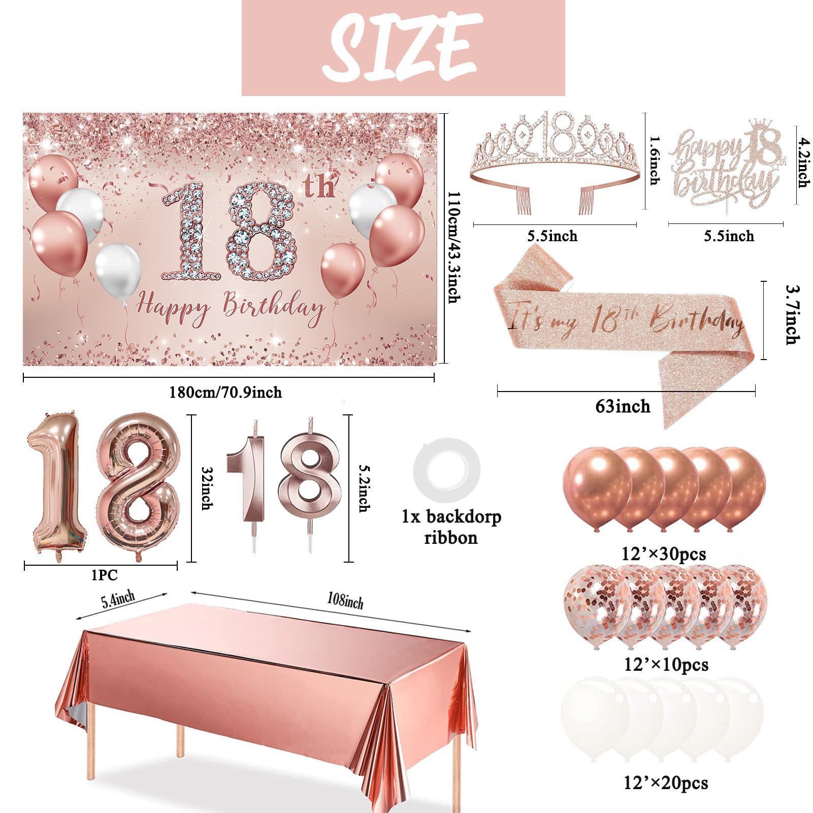 Trgowaul Trgowaul 18th Birthday Decorative Balloon Set Women\'s Arch, Rose Gold 18th Birthday Banner and Party Tablecloth, Belt and Tiara, Pink Gold 18th Balloon, Pink Birthday Cake Top, Latex Balloon * 60