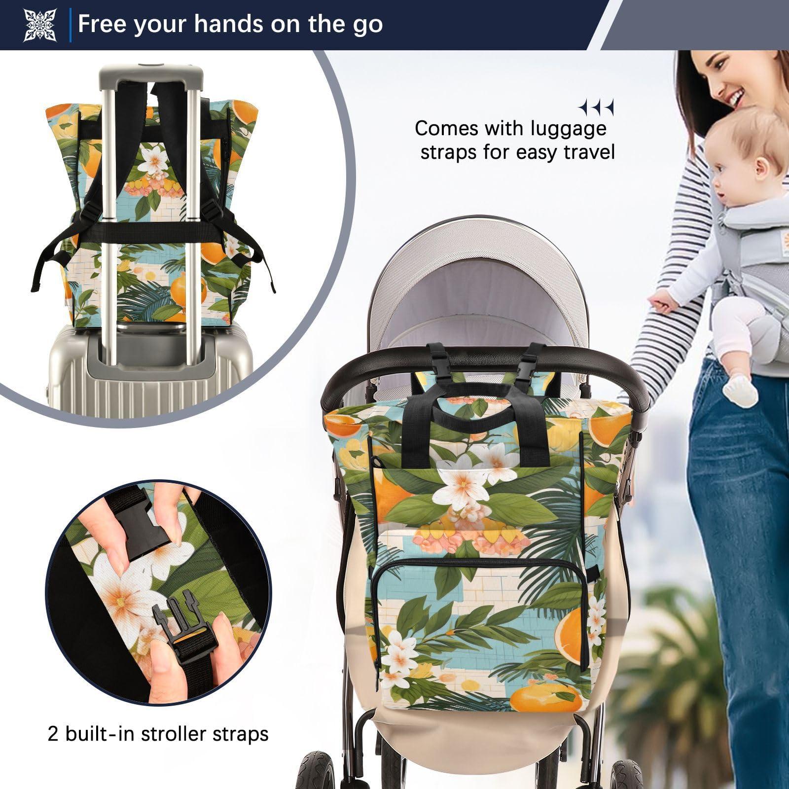 SPRIPORT SPRIPORT Orange White Flowers Diaper Bag Backpack for Baby Boys Girls Travel Tote with Stroller Straps & Bottle Storage Maternity Baby Changing Bags for Moms Dads Baby Shower Gifts Traveling Shopping