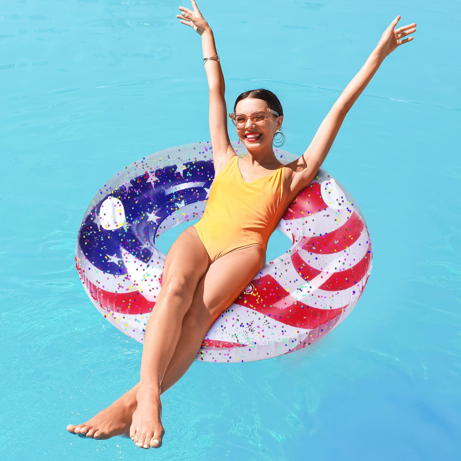 Leitee Leitee 2 Pcs Patriotic Inflatable Pool Float Tube with Handles USA Flag Inflatable Pool Float with Confetti Design Swimming Ring Float Summer Floaties for Adults Kid Beach Party (48 inch)