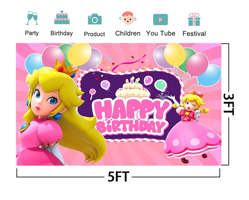 Basifoto Princess Backdrop for Birthday Party Decorations Princess Peach Background for Baby Shower Party Cake Table Decorations Supplies Princess Peach Theme Banner 5x3ft