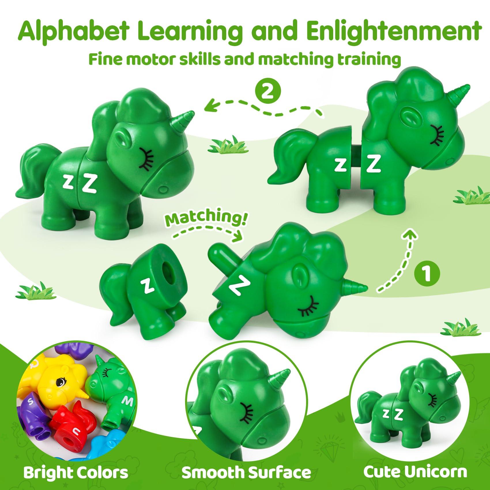 CZTCDP ABC Letters Matching Unicorn Toy Double-Sided Uppercase & Lowercase Alphabet Learning Toys Montessori Sorting Game Preschool Educational Game Set Fine Motor Skill Gifts For Toddlers 3 4 5 Years Old