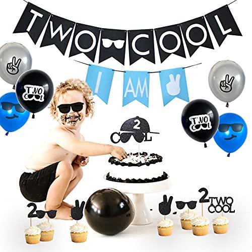 PATYFEIR Two Cool Birthday Party Decorations Supplies, Two Cool Banner Cake Topper, I AM TWO Banner, Two Cool Balloons for Little Man Sunglasses 2nd Birthday Boy Party Supplies Decoration