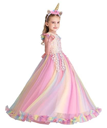 WOCINL Princess Rainbow Tulle Dress Girls Unicorn Birthday Party Wedding Pageant Christmas Halloween Costume w Headband 11 12T