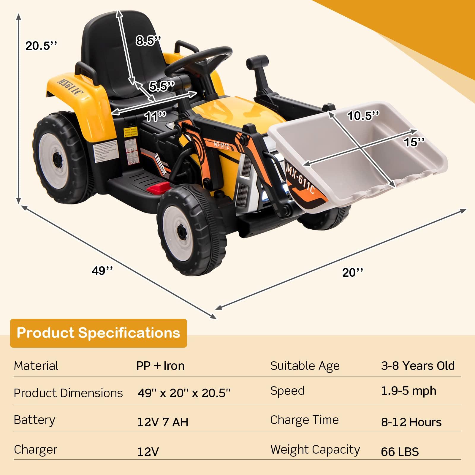 HONEY JOY HONEY JOY Ride On Excavator, 12V Kids Bulldozer Ride On Car w/Remote Control, Electric Construction Vehicle for Kids Digger, 3 Speeds, Adjustable Digging Bucket, Ride On Tractor for Boys Girls(Yellow)