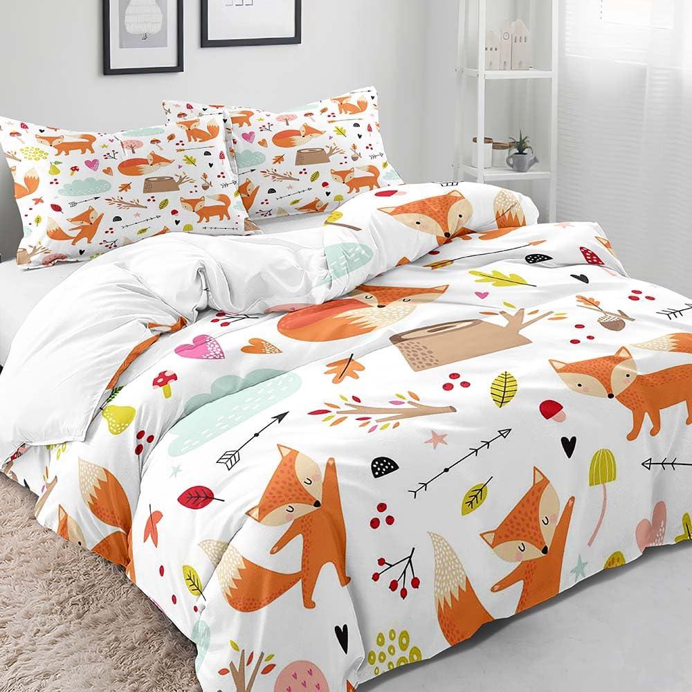 LUVIVIHOME LUVIVIHOME 3PCS Cute Fox Bedding, White Duvet Cover Full, Baby Girls Boys Toddler Kids Bedding, Cartoon Woodland Animals Wildlife Fox Comforter Bedspread Quilt Cover, Cute Room Decor, 2 Pillow Shams