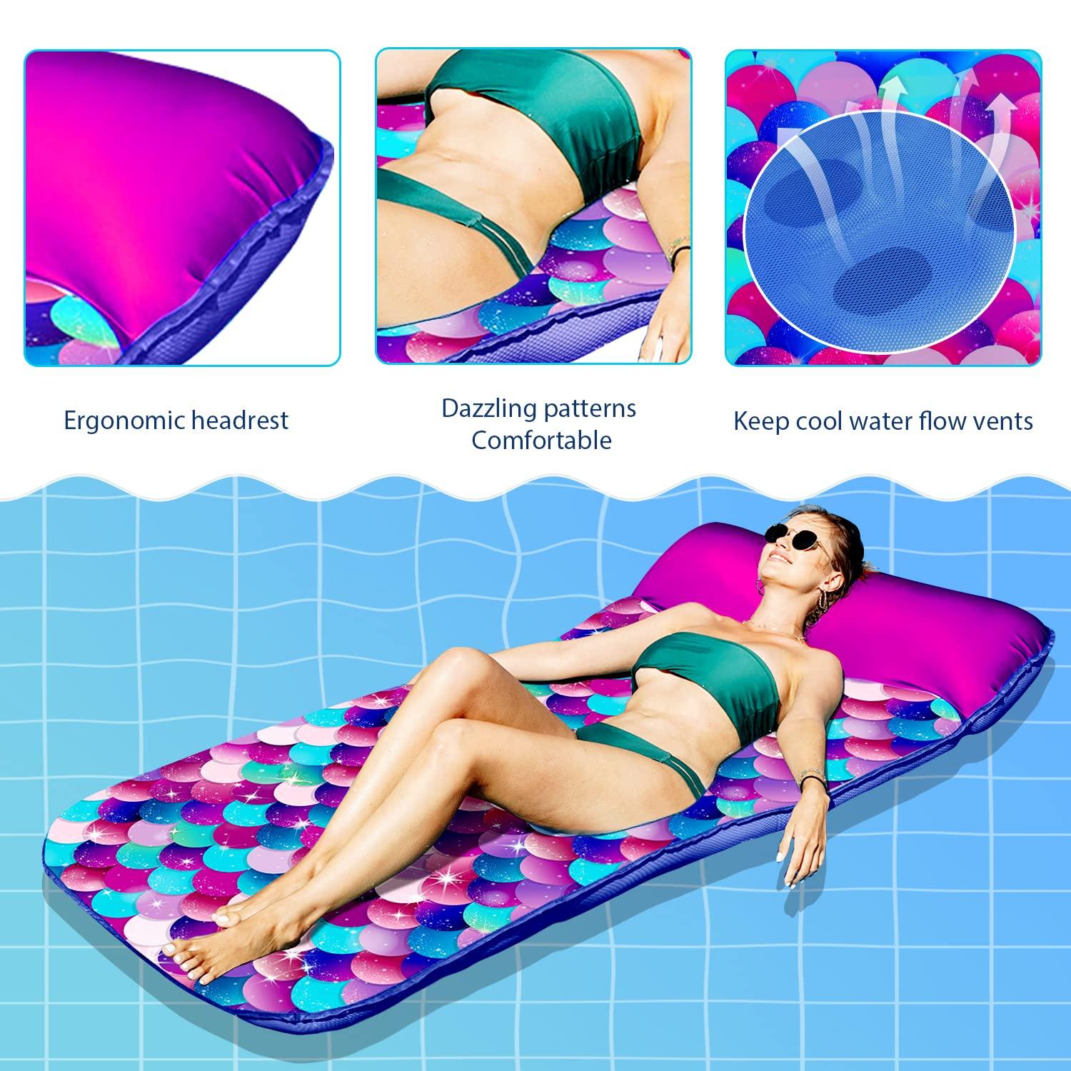 PARENTSWELL PARENTSWELL Inflatable Mermaid Scales Pool Floats, 72" X-Large Fabric Covered Pool Float with Headrest, Pool Lounge Floaties for Adults, Summer Pool Party Decorations Supplies