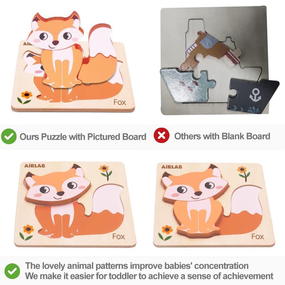 Airlab Wooden Puzzles for Toddlers 1 2 3 Year Old Animals Shape Puzzle Toys for Travel Airplane Gift for Kids Montessori Early Development Gifts for Baby Boys Girls with Drawstring Bag Pack of 4