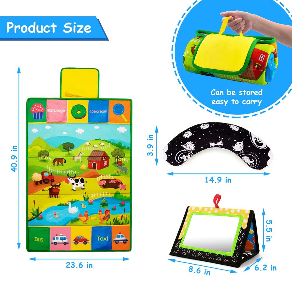 Inbeby Inbeby Tummy Time Mirror & Play Mat & Pillow 3-in-1, High Contrast Black and White Baby Toys, Activity Mat for Early Education, Newborn Infant Tummy Time Toy Set for 0 3 6 12 Month Crinkle/Squeake