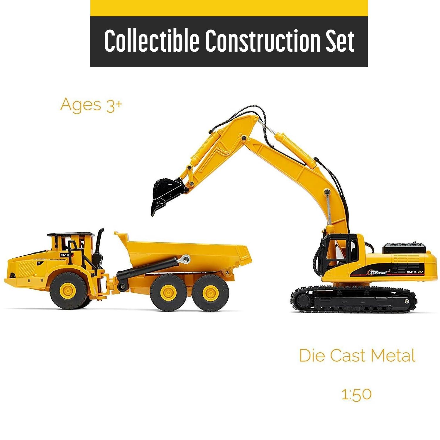 Top Race Top Race Construction Toys Set - Metal Excavator Toy, Dump Truck Toy for Kids - Realistic Toy Trucks with Moving Parts for Indoor, Outdoor Play - Durable Construction Vehicles for Boys and Girls