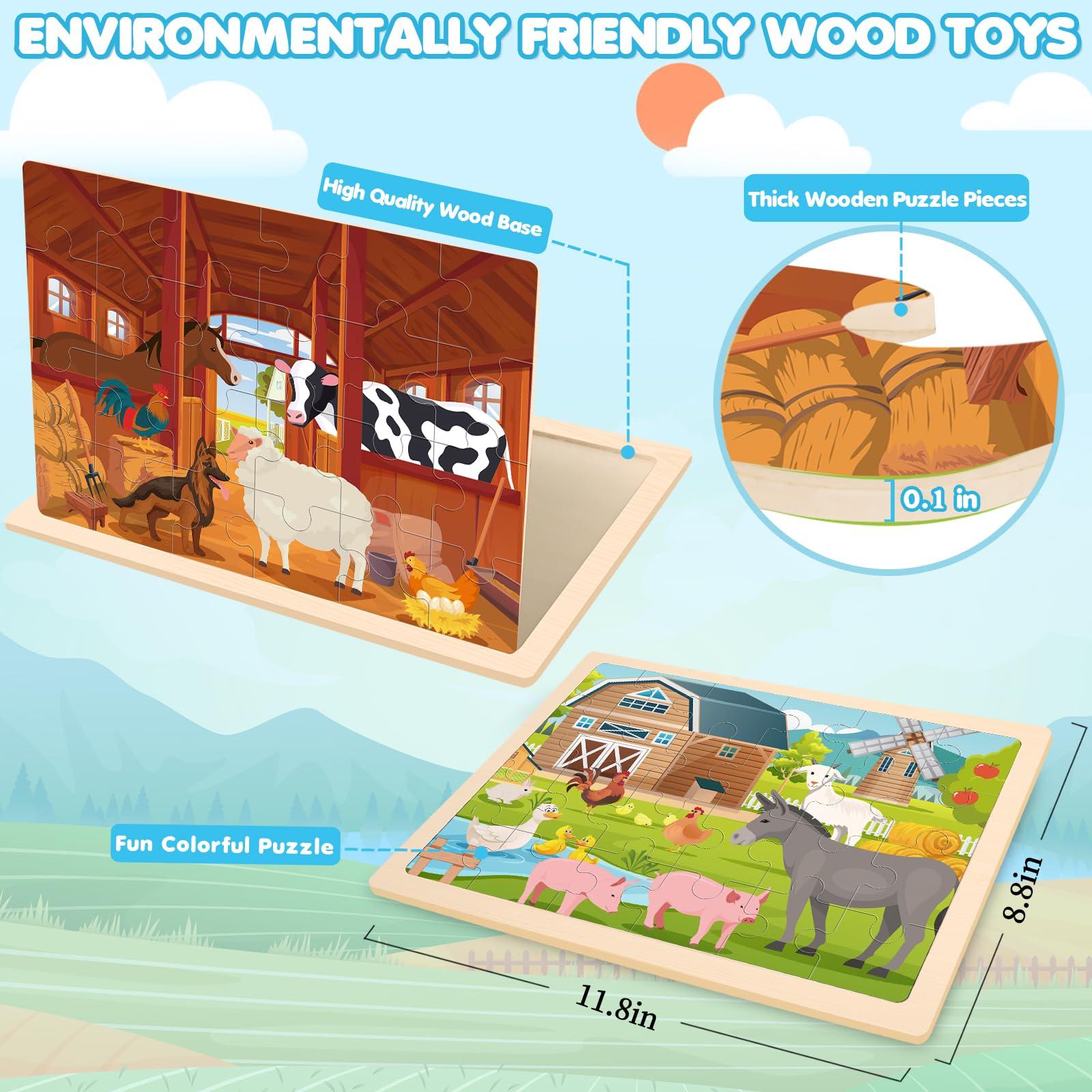 Duchong 4-in-1 Farm Wooden Puzzles for Kids Ages 4-6, 24 PCS Wooden Jigsaw Puzzles for Toddlers Ages 2-4, Preschool Educational Puzzles Boards Toys Gifts for 3 4 5 6 Boys Girls