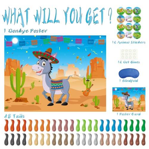 Morcheiong Morcheiong Pin The Tail on The Donkey Game with 48 Tails, Mexican Fiesta Party Favors Supplies Decorations, Birthday Party Game for Kids