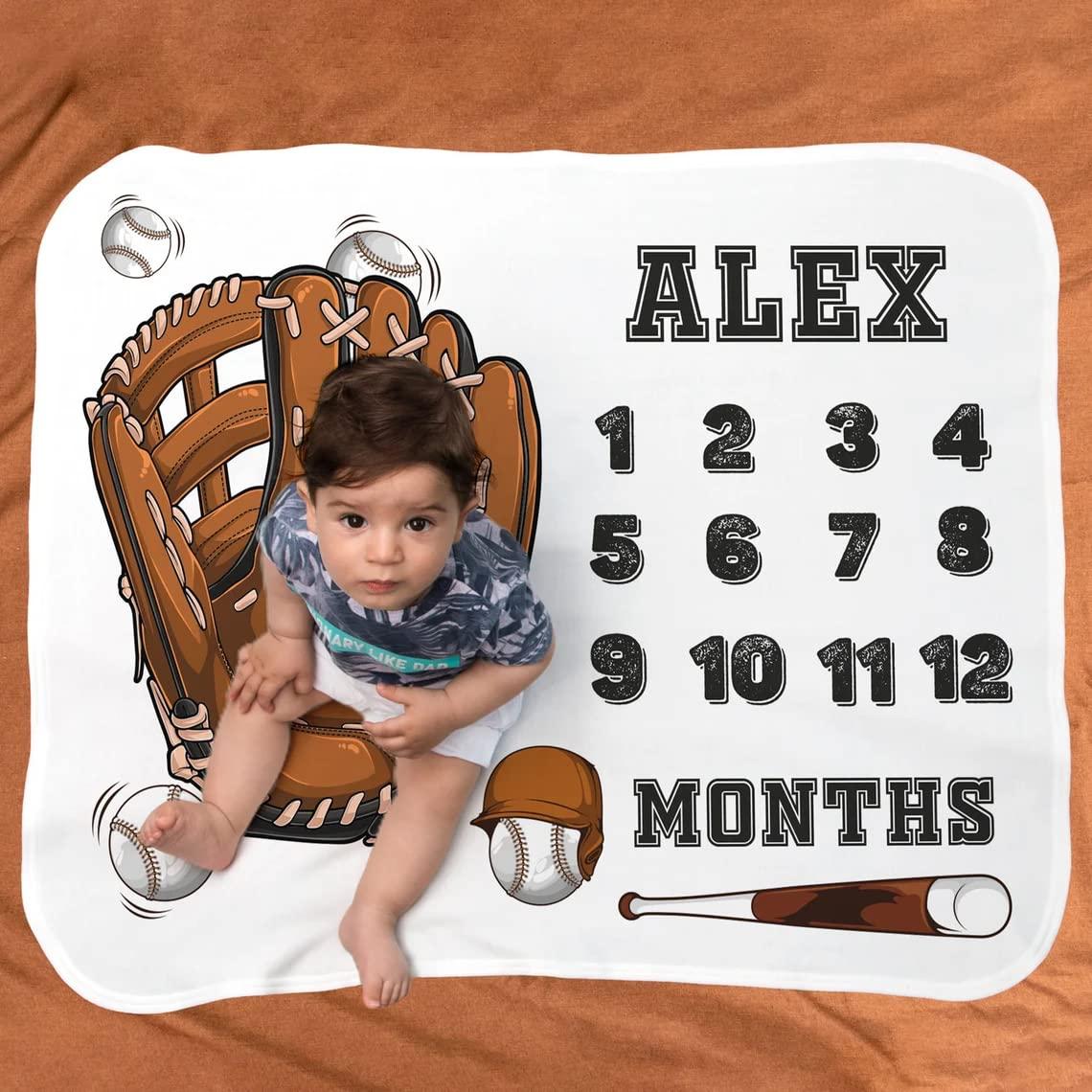 NAZENTI NAZENTI Baby Blanket - Personalized Blanket with Baseball Design Custom Baby Monthly Blanket. Newborn Baby Boy Blanket Gift for Boy Girl