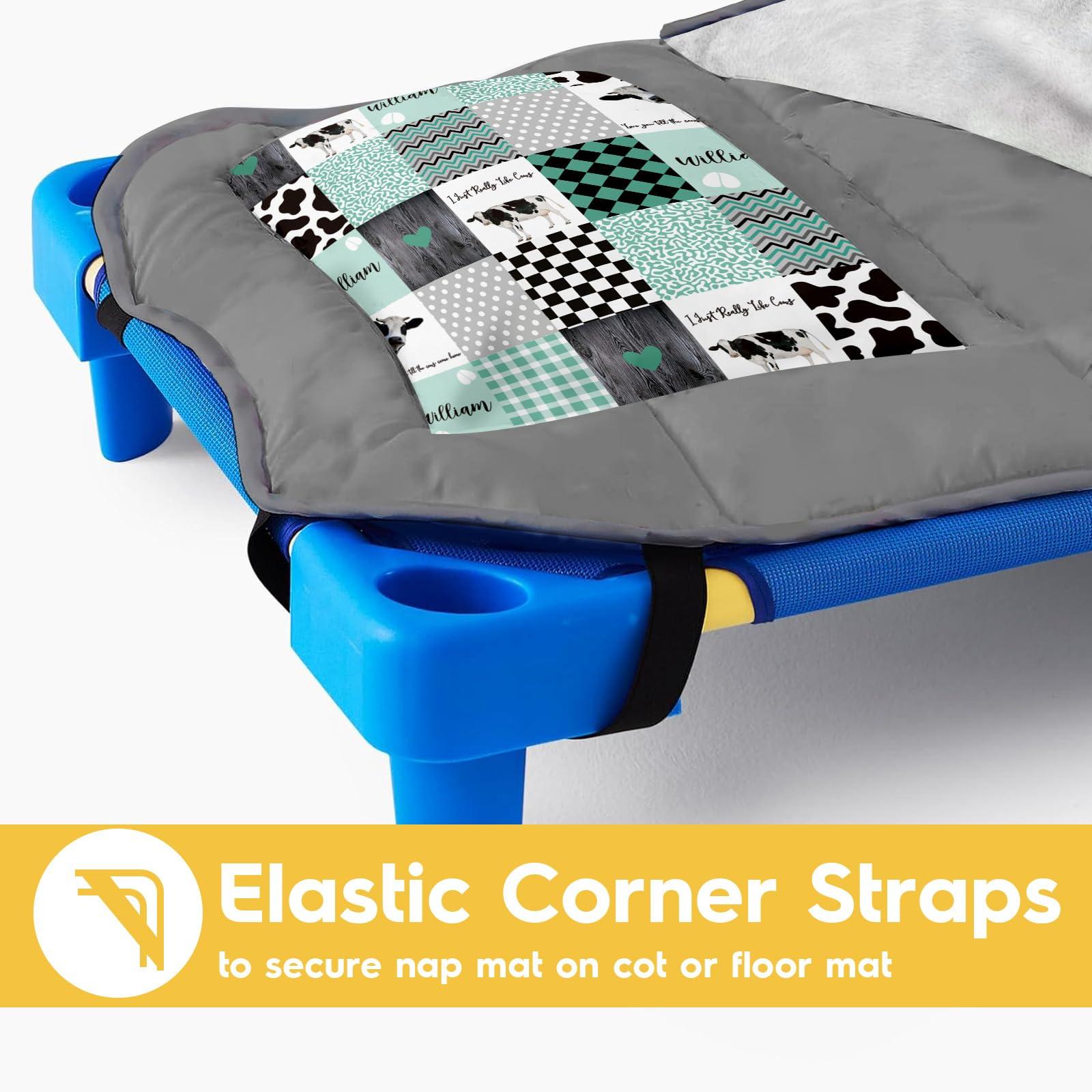 Duckbe Custom Toddler Bedding Set - Personalized Name with Animals Plaid Nap Mat for Preschool, Roll Up Sleeping Bag with Flannel Blanket for Boys Girls Kids Daycare Gift Color10-Cow