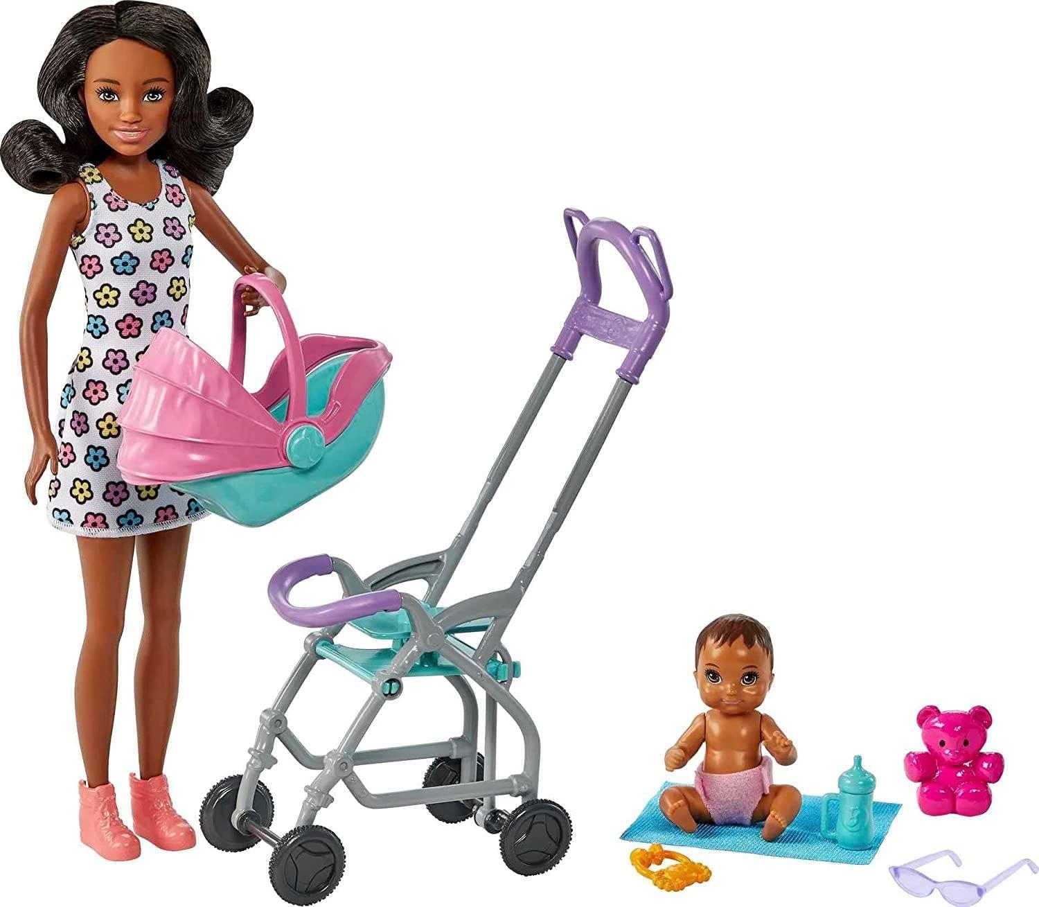 Barbie Barbie Skipper Babysitters Inc Playset with Brunette Doll, Stroller, Baby Doll & 5 Accessories, Remove Stroller Seat for Carrier