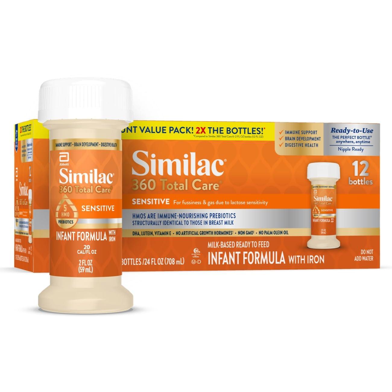 Similac Similac 360 Total Care Sensitive Infant Formula for Fussiness & Gas Due to Lactose Sensitivity, Has 5 HMO Prebiotics, Non-GMO, Baby Formula, Ready to Feed, 2-fl-oz Bottle, Pack of 12