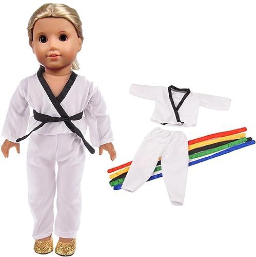 18 Inch Girl Doll Clothes White Karate Tae Kwon Do Outfit Includes Blouse Pants and 5 Belts Yellow Green red Blue and Black for 18inch Girl Doll NAA02