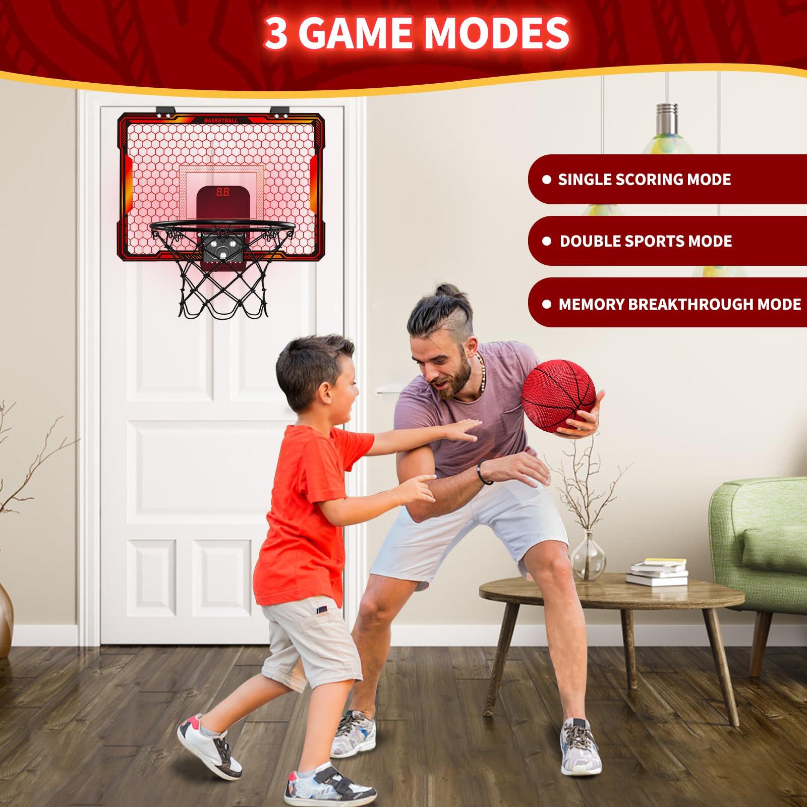 HYES HYES Remote Control Basketball Hoop Indoor with 7 LED Lighting, Mini Basketball Hoop with Electronic Scoreboard, 3 Modes, Over Door Basketball Hoop, Basketball Toys Gift for Kids, Adults (Red)
