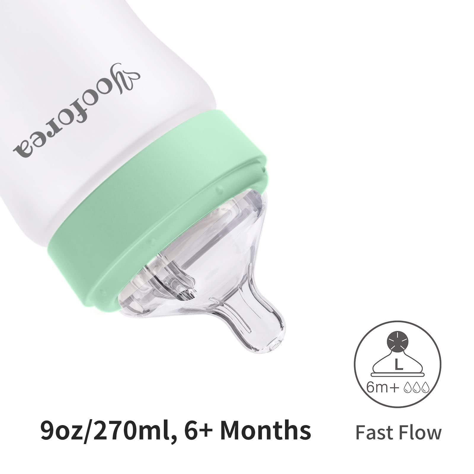 YOOFOREA Yooforea Silicone Coated Glass Baby Bottle, 6M+ Fast Flow Nipple I Anti-Colic, Wide Neck, Stable Base I Medical-Grade Silicone Coating for Shatter Protection, BPA BPS PVC Free (9 Ounce-Tea)