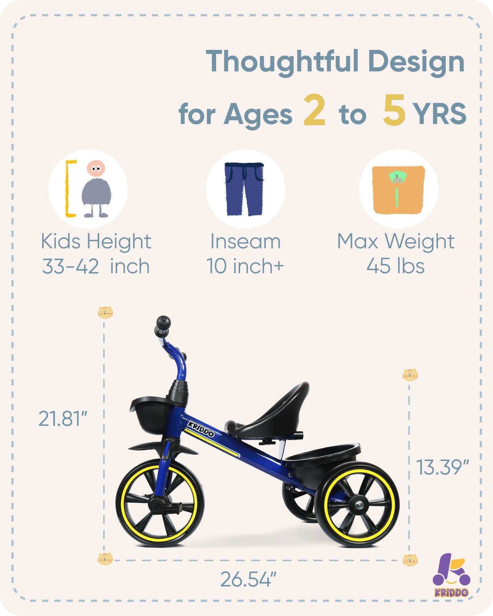 KRIDDO KRIDDO Kids Tricycles Age 24 Month to 4 Years, Toddler Kids Trike for 2.5 to 5 Year Old, Gift Toddler Tricycles for 2-4 Year Olds, Trikes for Toddlers, Blue