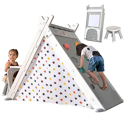 Merax Merax Foldable Triangle Climber, 4-in-1 Kids Hideaway Play Tent with Art Easel, Stool for Toddlers, Climbing Triangle Crawling Tunnel Toy Activity Play Set (White)