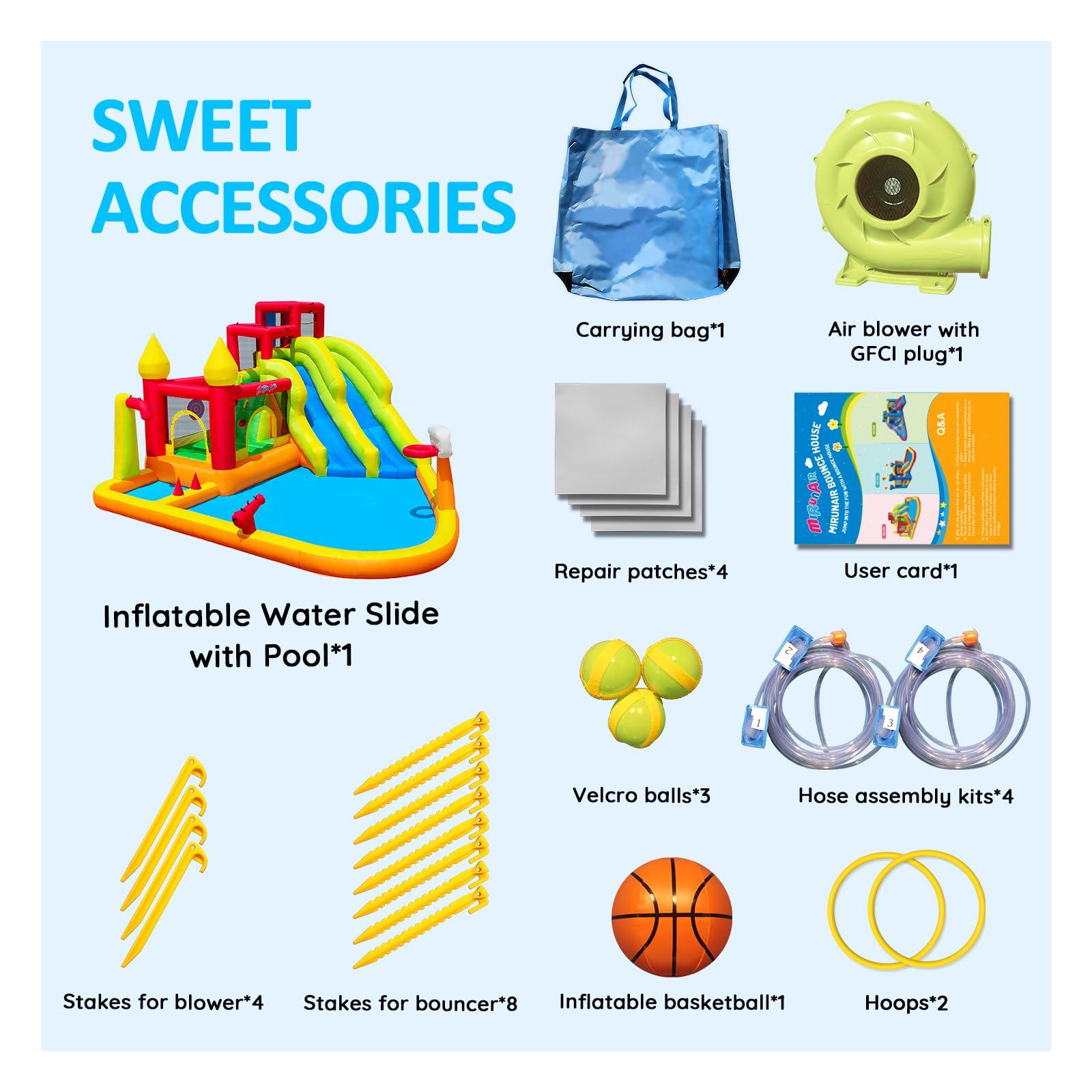 MIRUNAIR MIRUNAIR Inflatable Bounce House with Slides, Inflatable Water Slide for Kids Backyard, Bounce Water Prak with Air Blower, Splash Pool, Water Cannon, Climbing Wall, Outdoor Backyard Water Park