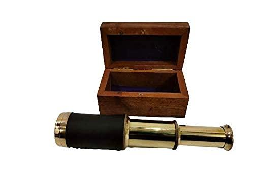 ROYALANTIQUE 6 Inch Full Brass Handed Telescope with Heavy Polished Wooden Box