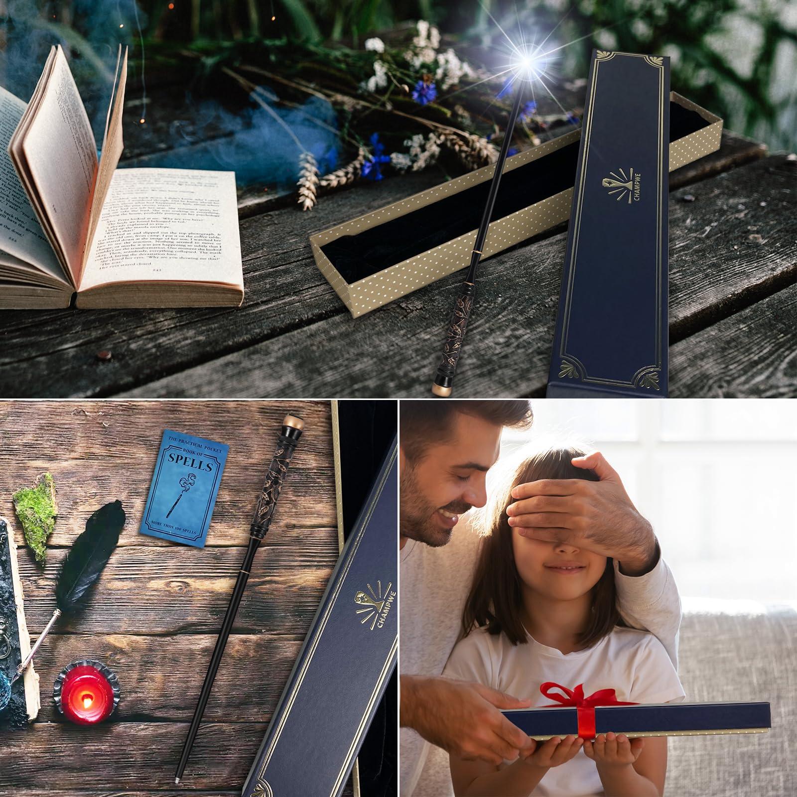 ChampWe ChampWe Light Up Magic Wizard Wand Rechargeable Illuminating Toy for Kids Witch Collection Cosplay Accessories with Spellbook and Gift Box (Foliage)