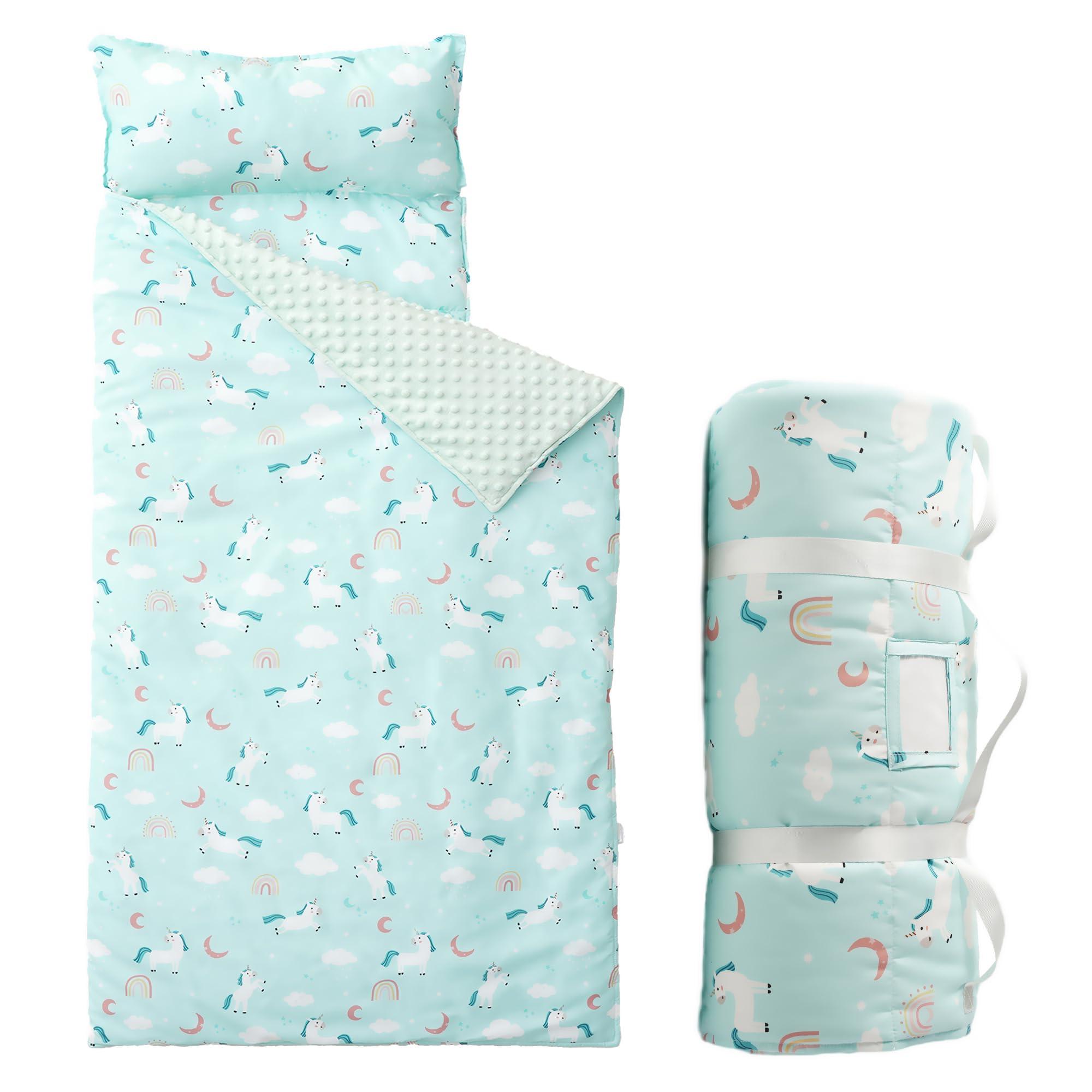 Bunnikins & Clover Bunnikins & Clover Toddler Nap Mat with Removable Pillow & Minky Blanket, Roll Up Nap Mats for Preschool, Soft Kids Sleeping Mat for Boys Girls Kindergarten Daycare