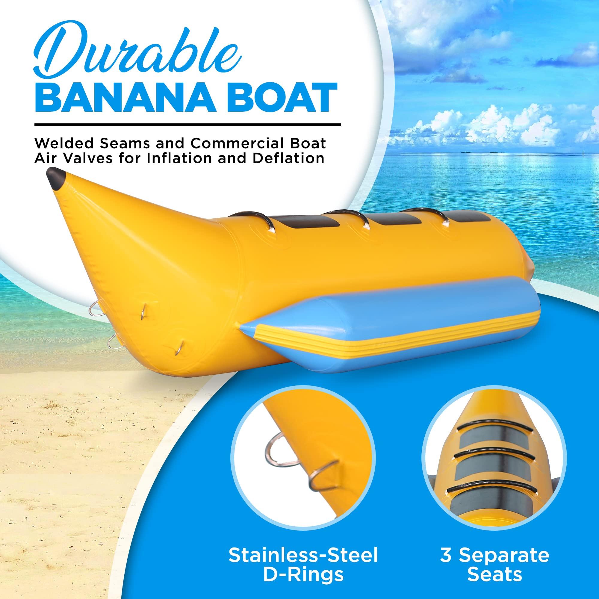 SereneLife SereneLife 3 Person Inflatable Banana Boat Tube, Includes Storage Bag, Foot Pump, and Repair Kit, Tough and Thick, Stainless Steel D-Rings, Reinforced Seats and Foot Areas