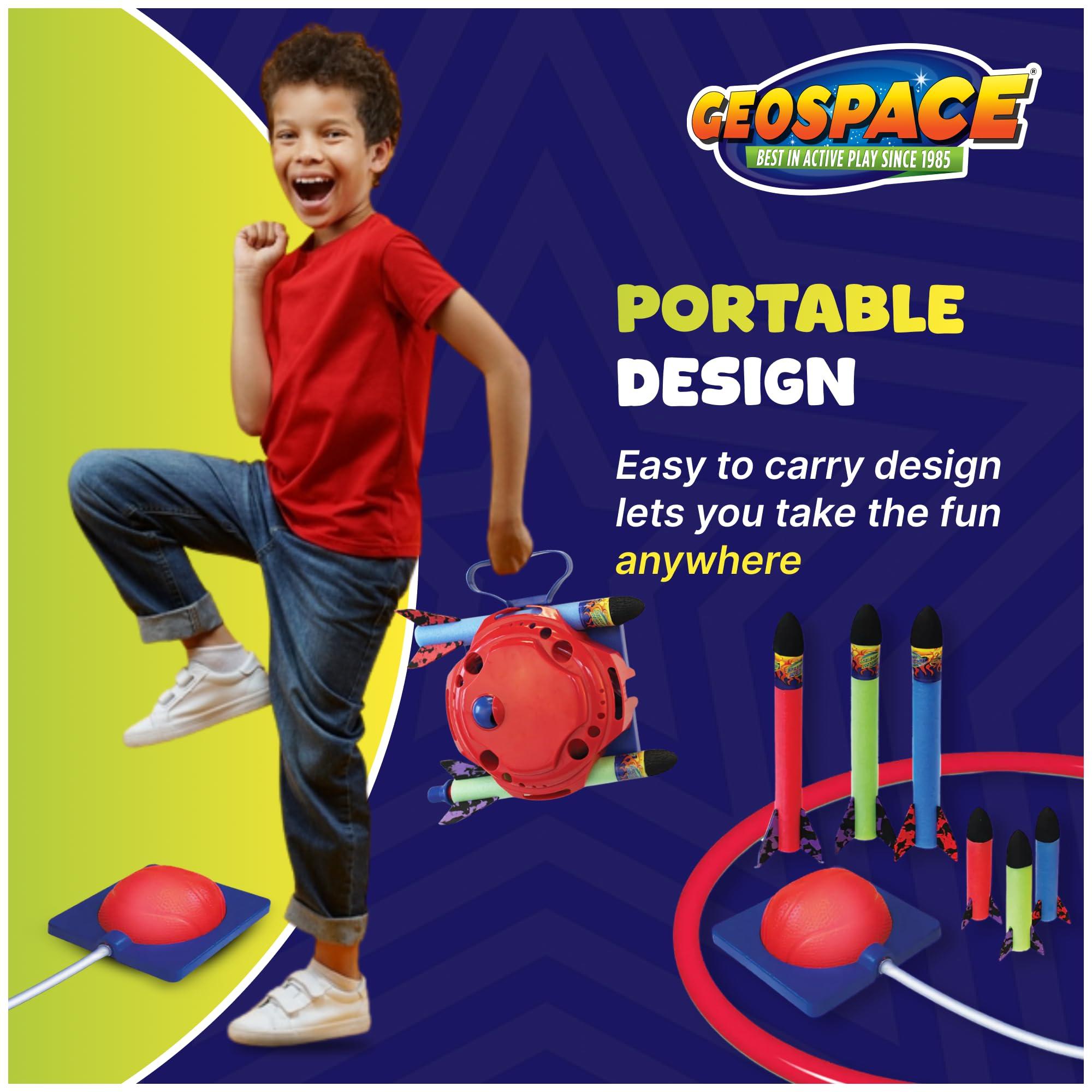 Geospace Geospace Jump Rocket Deluxe Size Set Single Pump 6 Flying Foam Rockets Outdoor Toys for Kids, Boys & Girls Stomper Rocket Set Leg Powered Stomper Rockets Toy - Cool Toys for Fun