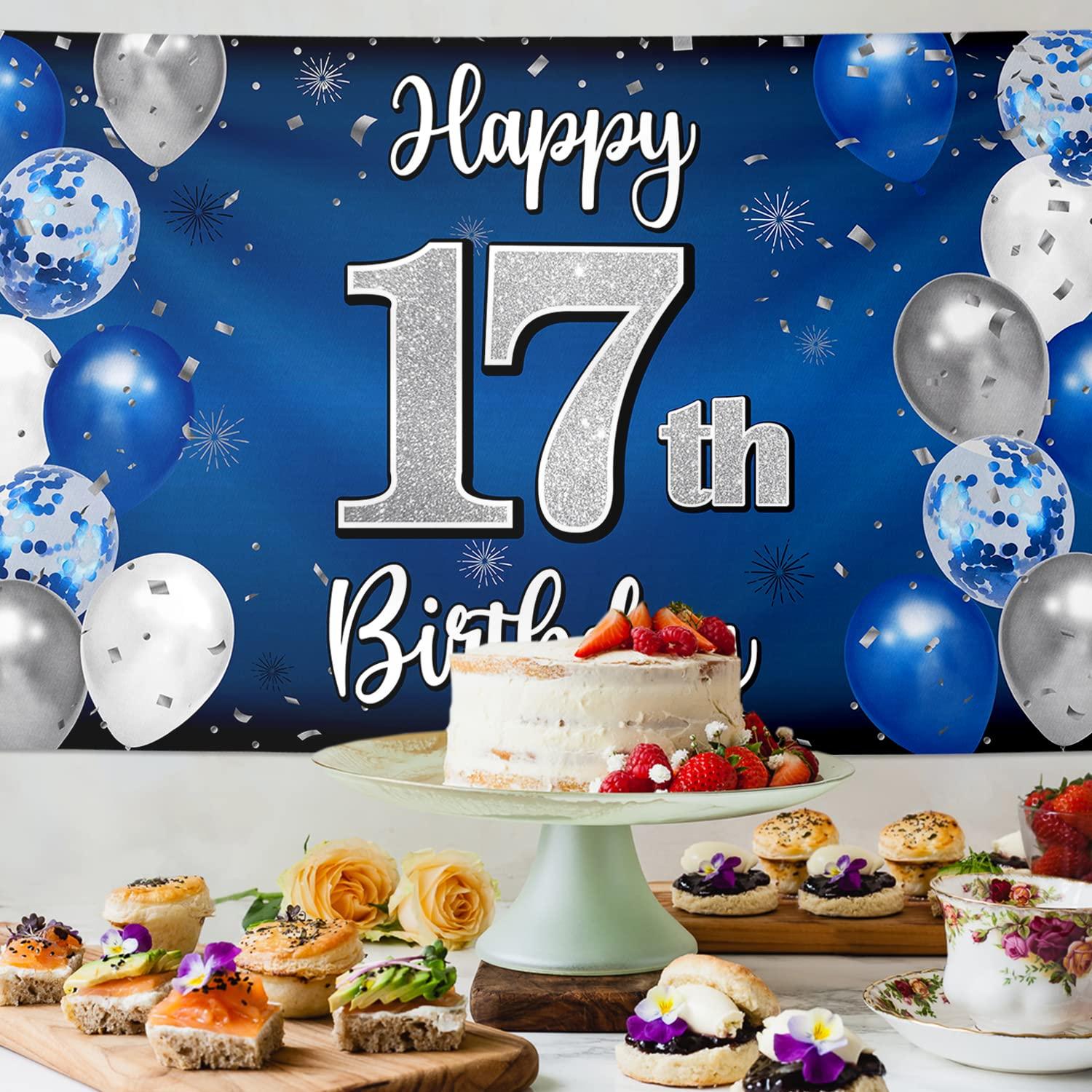 Nelbiirth Nelbiirth Happy 17th Birthday Decorations,17th Blue & Silver Balloon Large Birthday Banner Backdrop Sign,Cheers to Seventeen Years Old Bday Party Supplies.