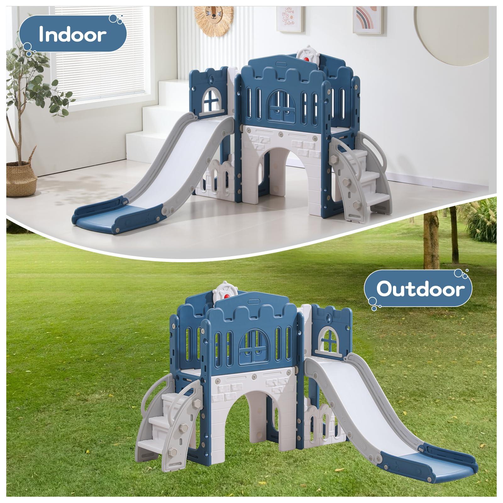 Dovsa Toddler Slides Indoor and Outdoor Playground Sets for Little Kids Age 1-3 Toddler Backyard Playset Toys Climb and Slide (Blue 8 in 1)