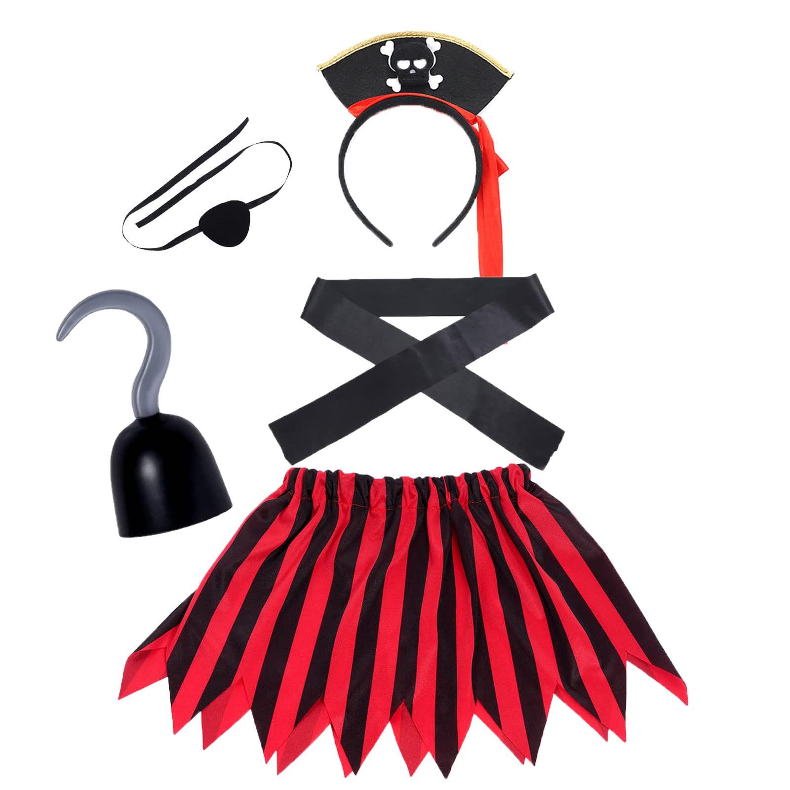 Dxhycc Dxhycc 5 Pieces Pirate Costume Accessories Pirate Skull Headband Pirate Eye Patch Sash Captain Hook Skirt for Halloween, Dress Up Parties