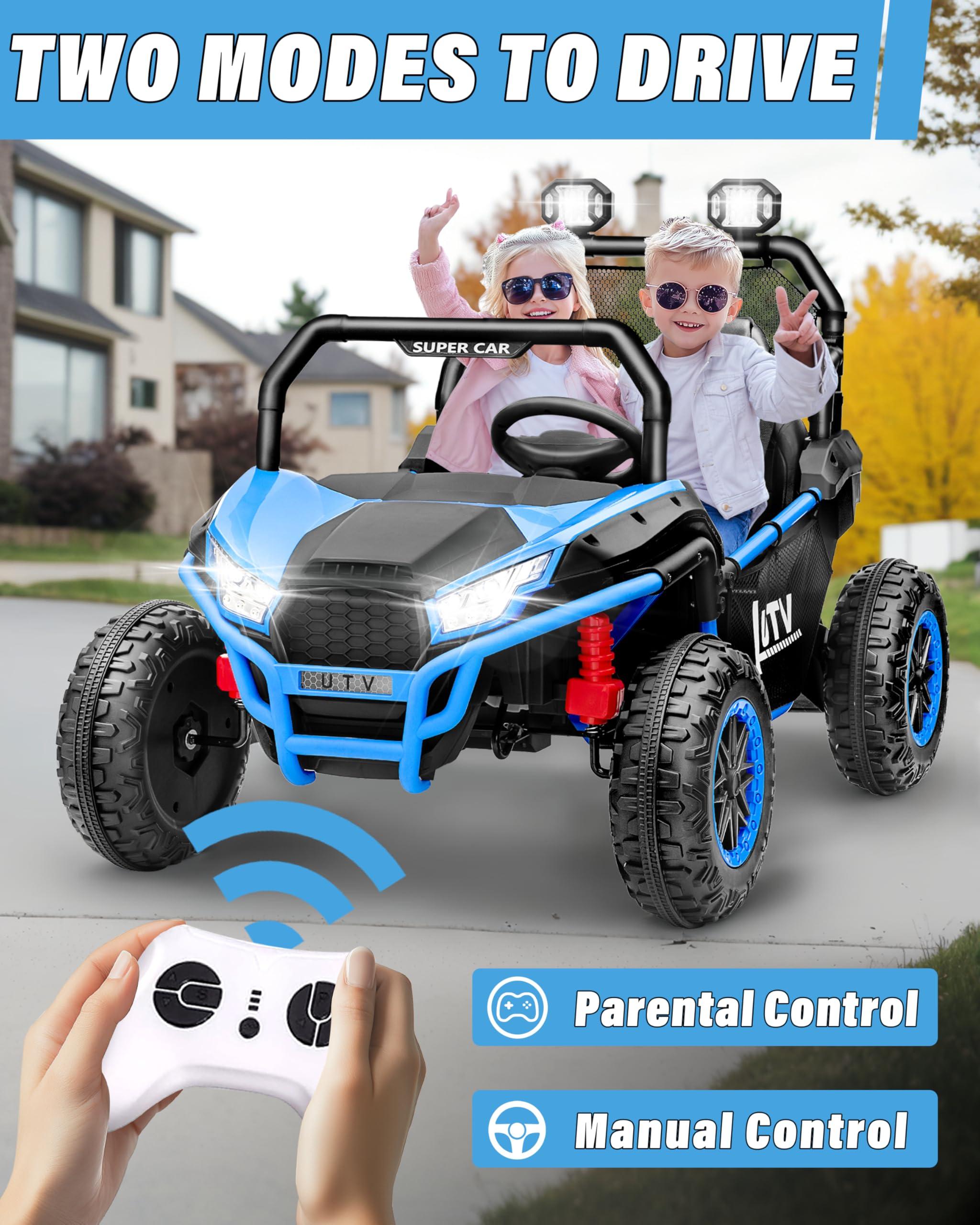 Qodia 24V Ride on Toys for Big Kids, 2 Seater Ride on Car with Remote, 4WD Power Electric Vehicles Battery Powered Cars to Drive, Ride on UTV for Boy Girls, 20 in 2 Seater, EVA Tire, Music Player, Blue