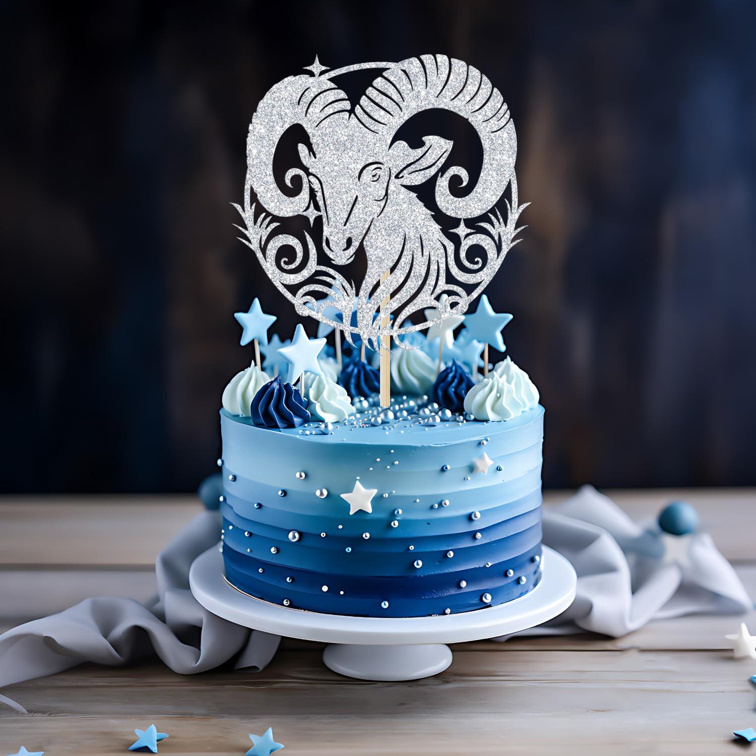 GREABRRY Aries Cake Topper, Aries Birthday Cake Decor, Aries Season Decorations, Zodiac Party Decor, Horoscope Birthday Party Decorations (Silver Glitter)
