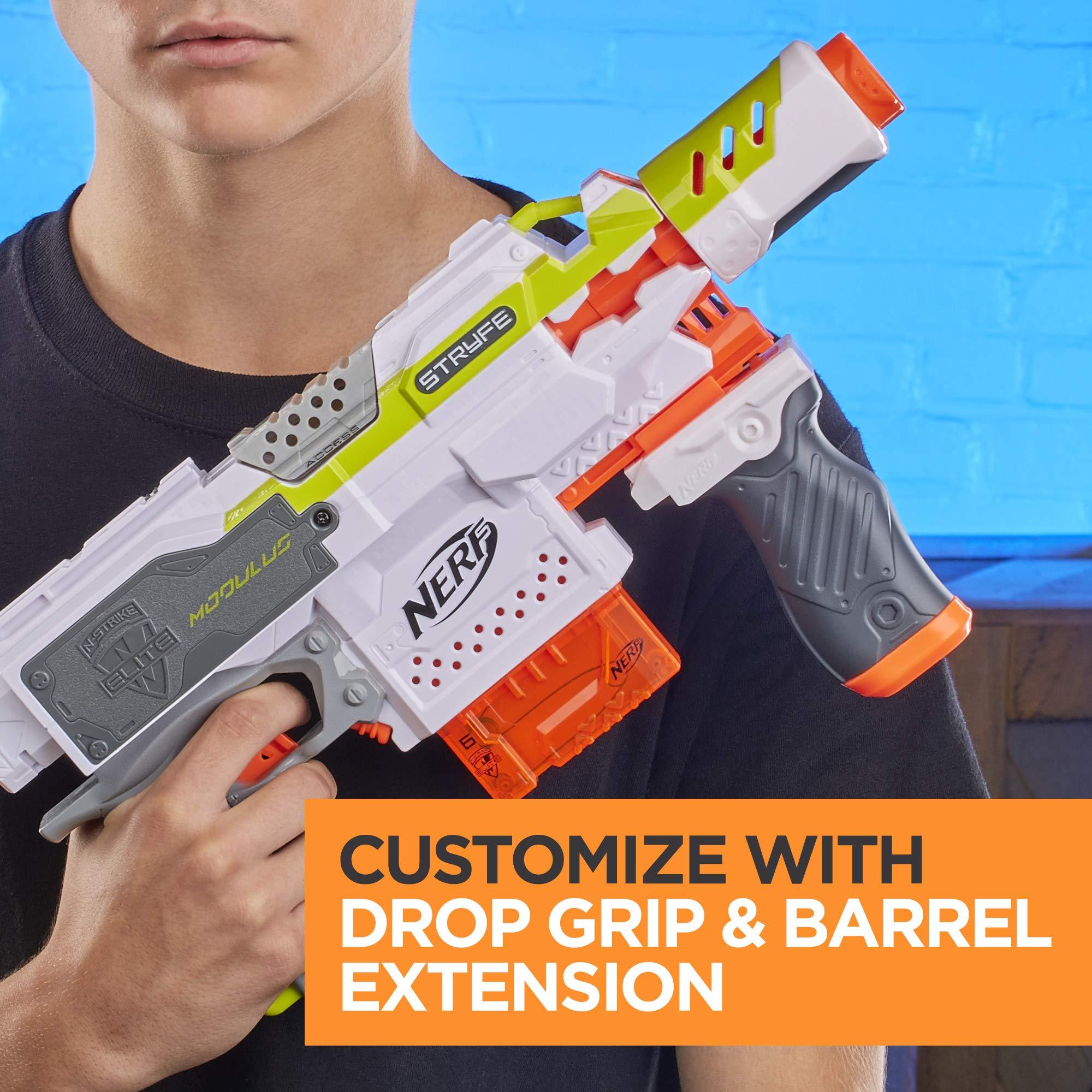 NERF Nerf Modulus Stryfe Motorized Blaster - Fires 6 Darts in a Row - Includes Drop Grip, Barrel Extension, 6-Dart Clip, 6 Nerf Elite Darts (Amazon Exclusive)
