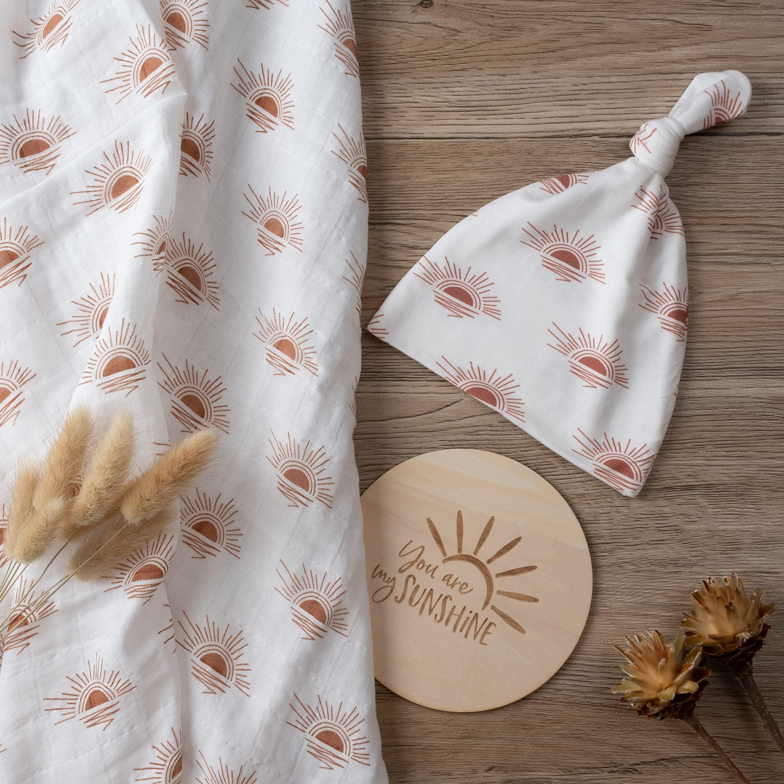 Miaoberry Miaoberry 100% Organic Cotton Baby Muslin Swaddle Blanket Set| Clay Rust Boho Sunrays| Gender Neutral for Boys Girls|Rust Sunset Sunshine| Hospital Newborn Receiving Blanket |Newborn Unisex
