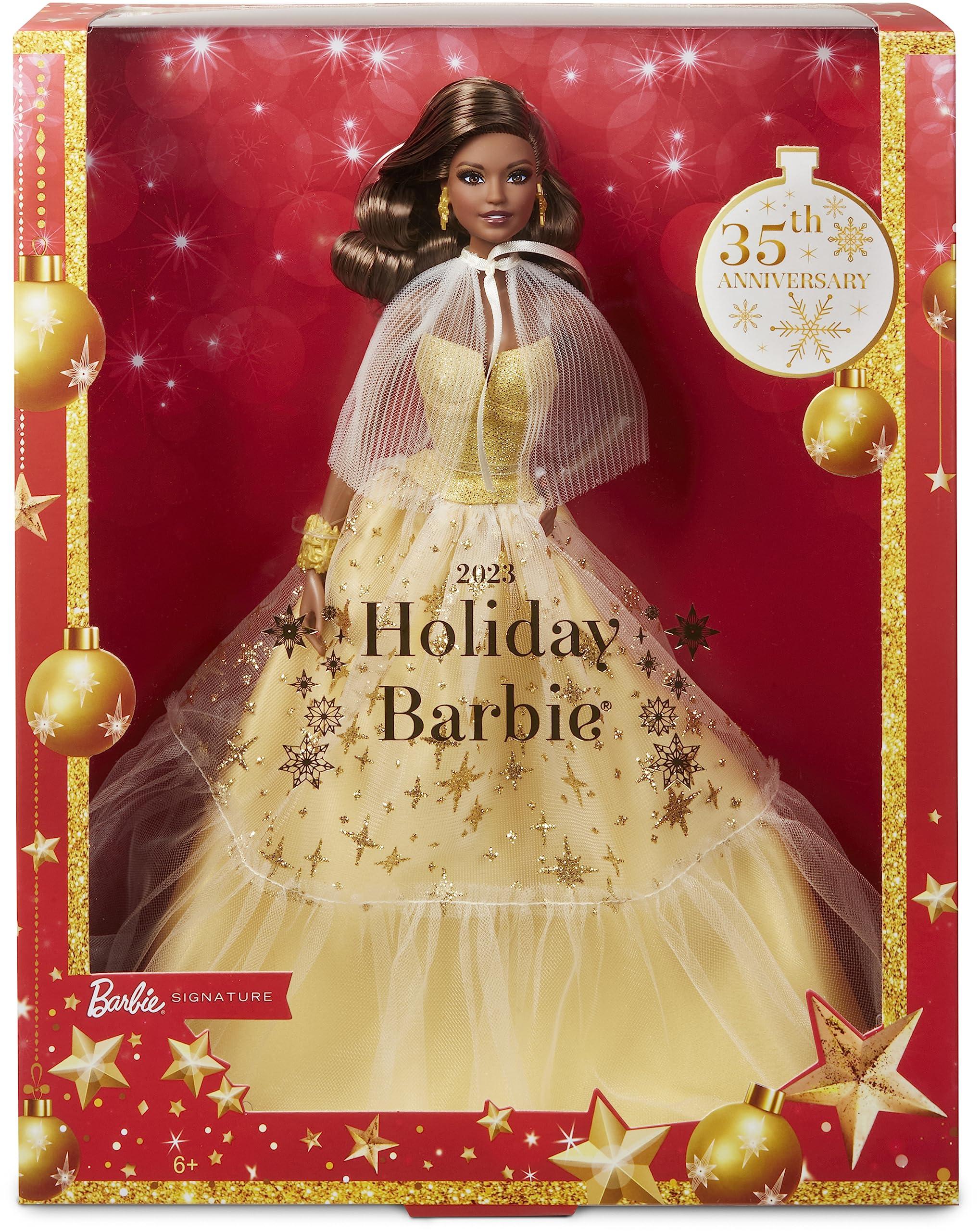 Barbie Barbie Signature Doll, 2023 Holiday Collectible with Golden Gown & Dark Brown Hair, Doll Stand & Displayable Packaging