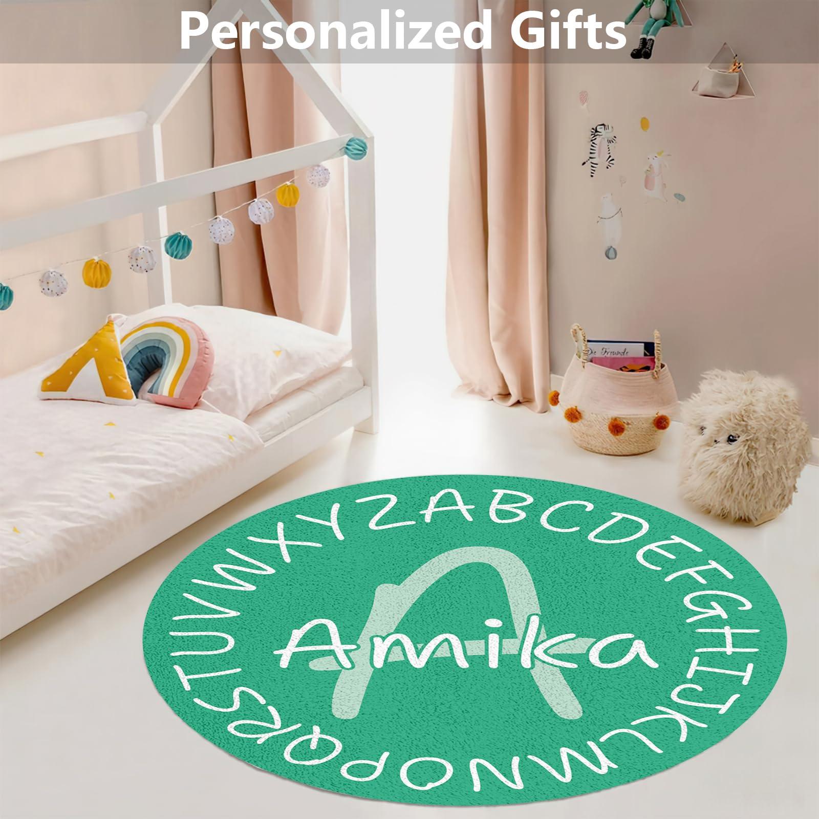 lanleay lanleay Custom Name Alphabet Design Nursery Rug for Baby Room Decor, Personalized Green Toddler Rugs for Baby Boys Girls, Customized Newborn Rugs for Baby Playrooms Personalized Gift