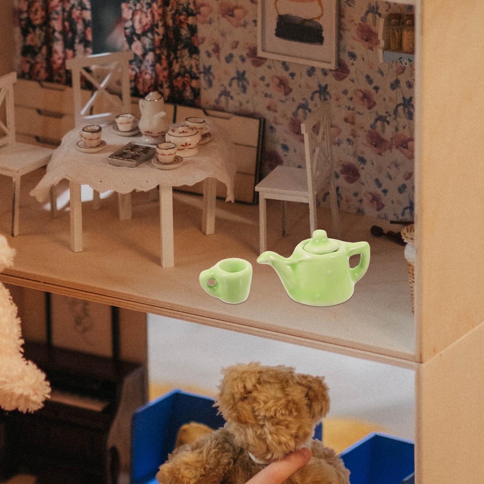 LOGOFUN LOGOFUN Miniature Tea Pot Tea Cups Set Mini Tea Pot Model 1:12 Scale Simulation Tea Cups Prop for Doll House Kitchen Accessories - Green